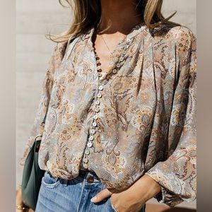 Bohme Floral Paisley Long Sleeve Button Down Sheer Top - Women size large